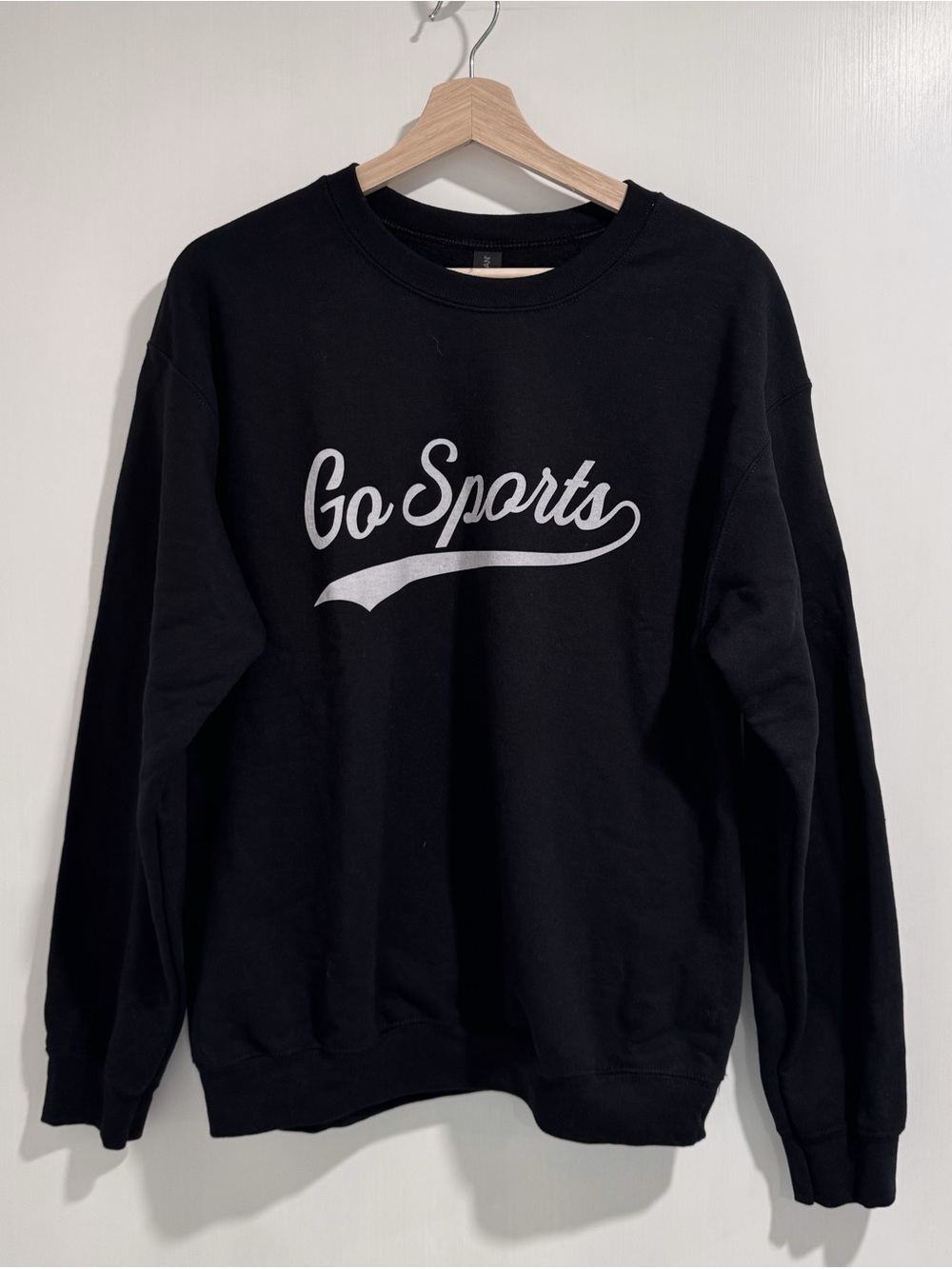 Gildan Black Crewneck Sweatshirt with White "Go Sports" Script